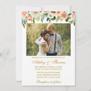 Convites Casamento de Foto Floral de Watercolor Coral Doura