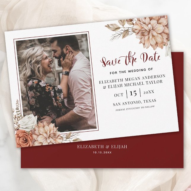 Convites Casamento de Foto Floral do Burgundy Salve a Data (A beautiful fall save the date for your upcoming wedding.)