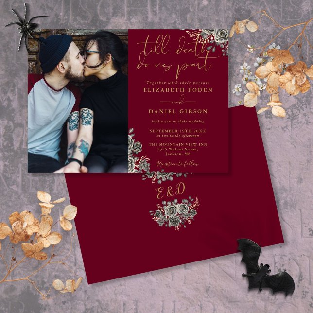 Convites Casamento De Foto Floral Dourada E Gótica (Burgundy And Gold Gothic Floral Photo Wedding Invitation)