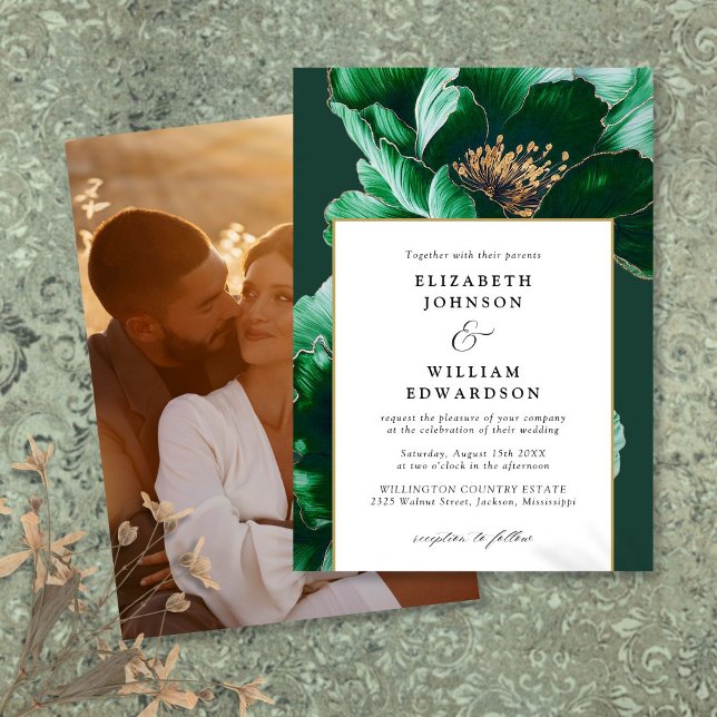 Convites Casamento De Foto Floral E Verde Moderno E Dourado (Modern Emerald Green And Gold Floral Photo Wedding Invitation)