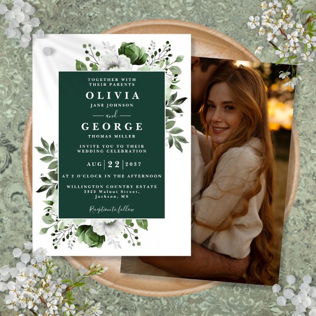 Convites Casamento de Foto Floral Elegante Elegante Emerald (Emerald Green Elegant Floral Photo Wedding Invitation)