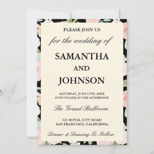 Convites Casamento de Foto Floral em Marfim Antigo Preto Mo