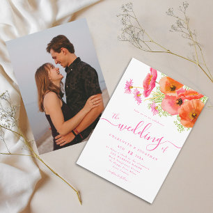 Convites Casamento de Foto Floral Moderno Rosa Laranja Vibr