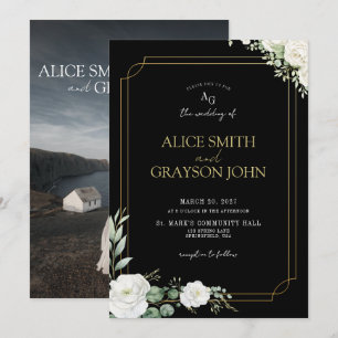 Convites Casamento de Foto Floral Preto e Dourado Elegante