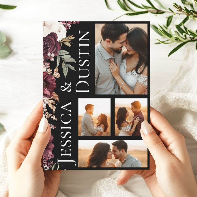 Convites Casamento de Foto Floral Romântica Moderna Burgund (Modern Burgundy Pink Floral Photo Collage Wedding Invitation)