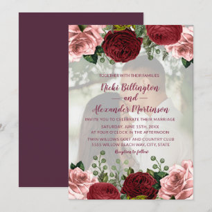 Convites Casamento de Foto Floral Rosa Bege Borgonha Românt