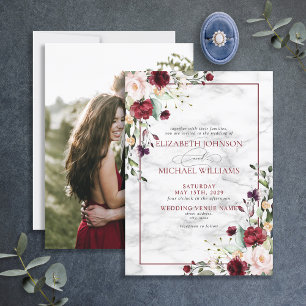 Convites Casamento de Foto Floral Rosa-Rosa Blush Burgundy