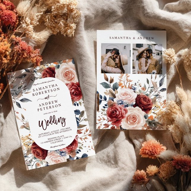 Convites Casamento de Foto Floral Rustic Burnt Orange Boho (Rustic Burnt Orange Boho Floral Photo Wedding Invitation)
