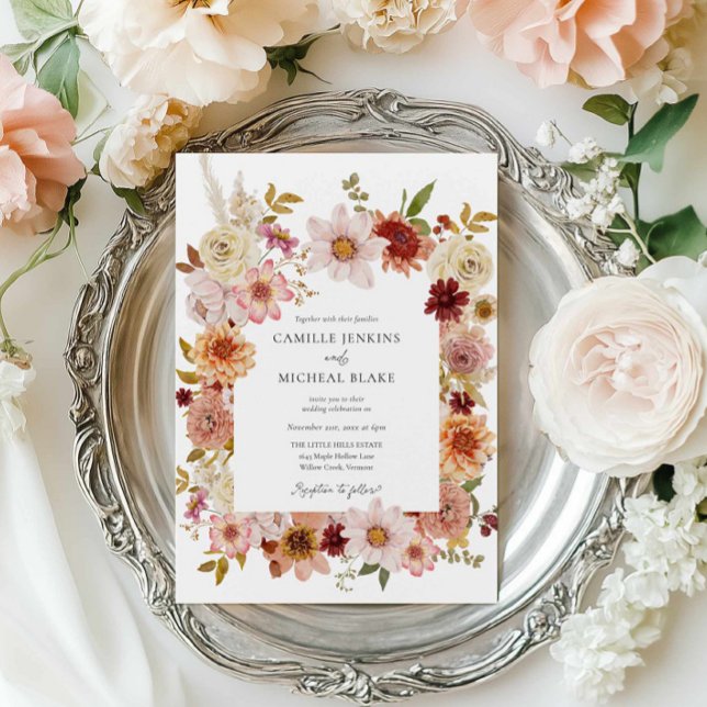 Convites Casamento De Foto Floral Rustic Fall (Boho Fall Floral Photo Wedding Invitation)