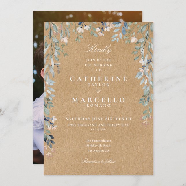 Convites Casamento de Foto Floral Rustic Kraft Wildflower (Frente/Verso)