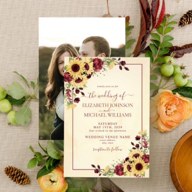 Convites Casamento de Foto Floral Rustic Sunflower Burgundy (Criador carregado)