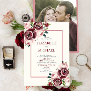 Convites Casamento De Foto Floral Rustic Vintage Burgundy B