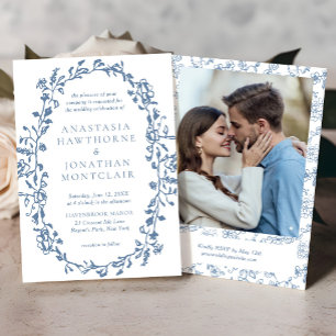 Convites Casamento de Foto Floral Vitoriana Azul Elegante