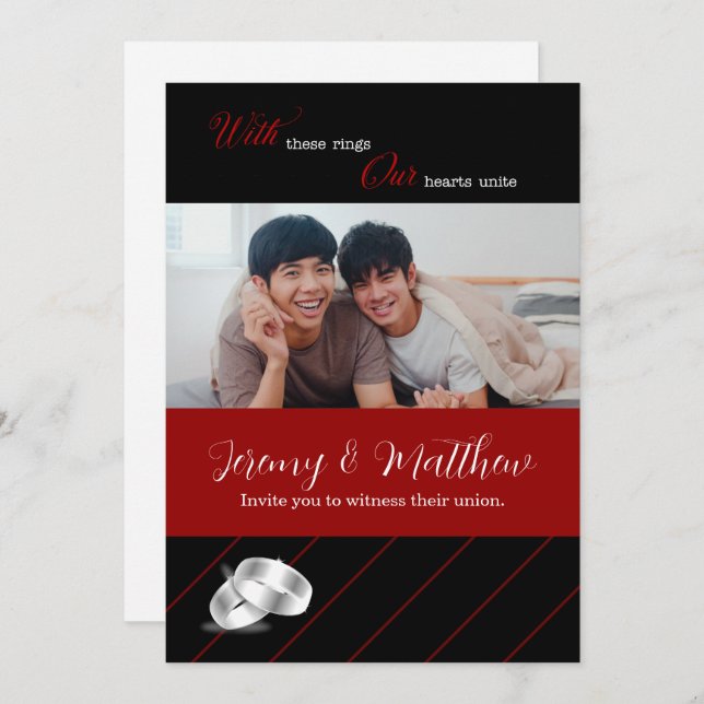 Convites Casamento de Foto gay Wedding Black and Burgundy (Frente/Verso)