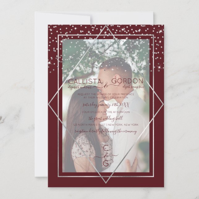 Convites Casamento de Foto Geo Border da Prata Burgundy Con (Frente)