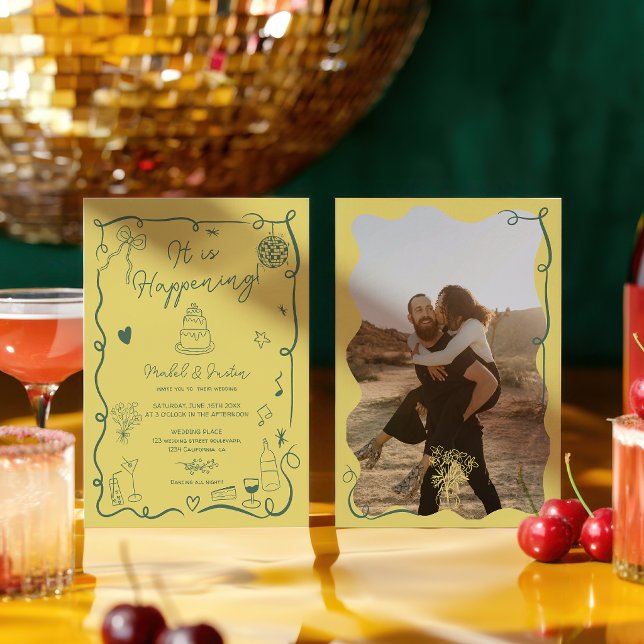 Convites Casamento de foto ilustrada com desenho manual de  (Retro citrus hand drawn illustrated photo wedding invitation)