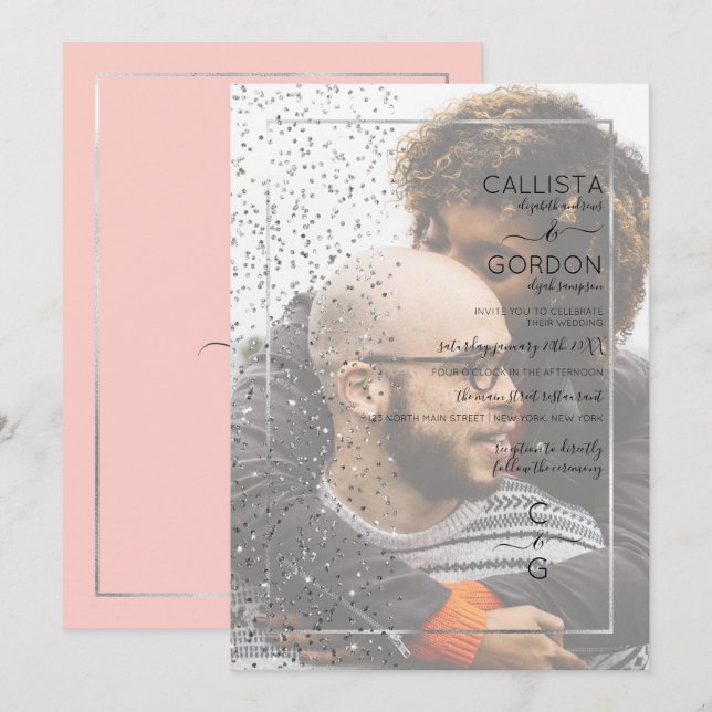 Convites Casamento de Foto Lado de Confetti, Glitter Silver (Frente/Verso)