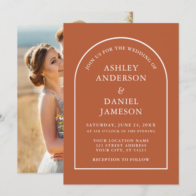 Convites Casamento de Foto Laranja Queimada por Arco Na mod (Frente/Verso)