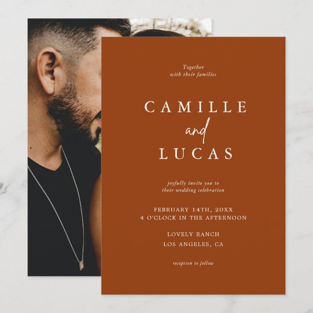 Convites Casamento de Foto Laranja Queimada por Terracotta  (Frente/Verso)