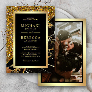 Convites Casamento de Foto Mármore Preto Brilho Dourado
