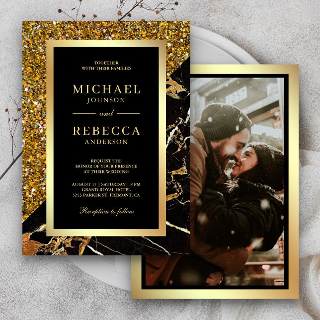 Convites Casamento de Foto Mármore Preto Brilho Dourado (Criador carregado)