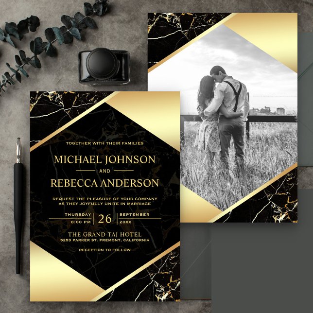 Convites Casamento de Foto Mármore Preto Geométrico Dourado (Criador carregado)