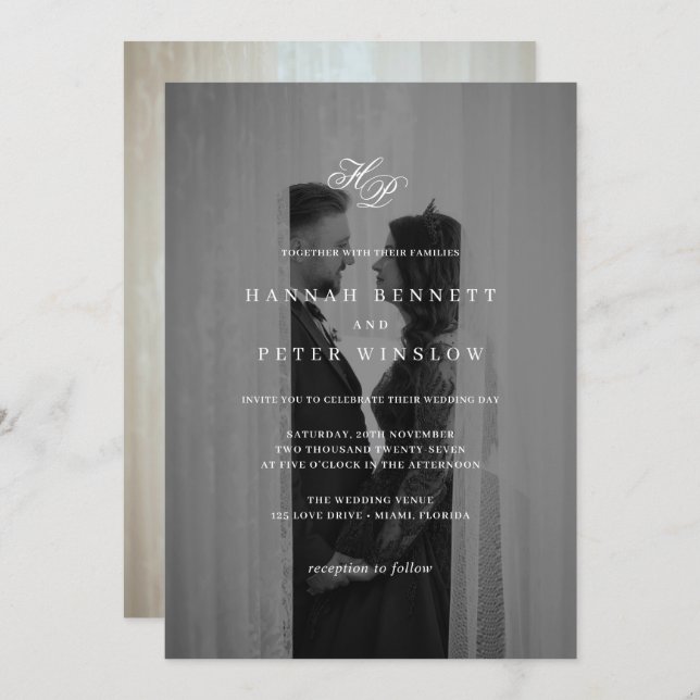 Convites Casamento de Foto Mínimo de Iniciais de Monograma  (Frente/Verso)