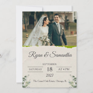 Convites Casamento de Foto Moderna com Papel Rasgado e Verd