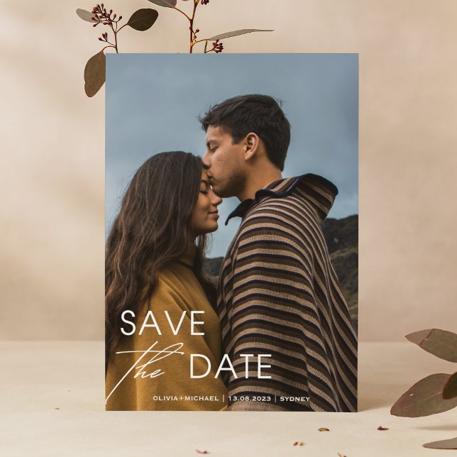Convites Casamento de Foto Moderna & Data de Salvamento Min (Script Elegant & Boho Wedding Photo | Minimal Save The Date Invitation)
