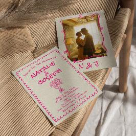 Convites Casamento de Foto Moderna Rosa Vibrante Mão Desenh