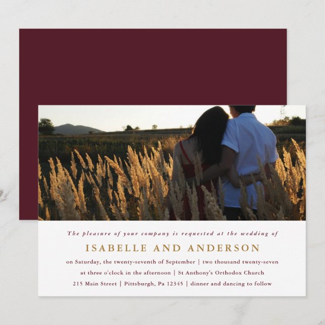 Convites Casamento de Foto Moderno Burgundy (Frente/Verso)