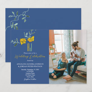 Convites Casamento de Foto Monograma Amarelo Ousado Azul Ma
