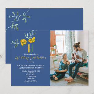 Convites Casamento de Foto Monograma Amarelo Ousado Azul Ma