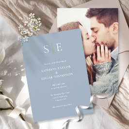 Convites Casamento de Foto Monograma em Azul Empoeirado e D
