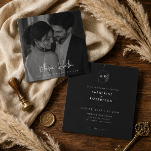 Convites Casamento de Foto Monograma Preto de Luxo