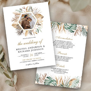 Convites Casamento de Foto Monstera Boho Pampas All in One