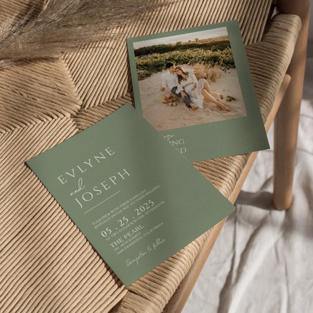 Convites Casamento de Foto Neutral de Boho Verde Minimalist (Criador carregado)