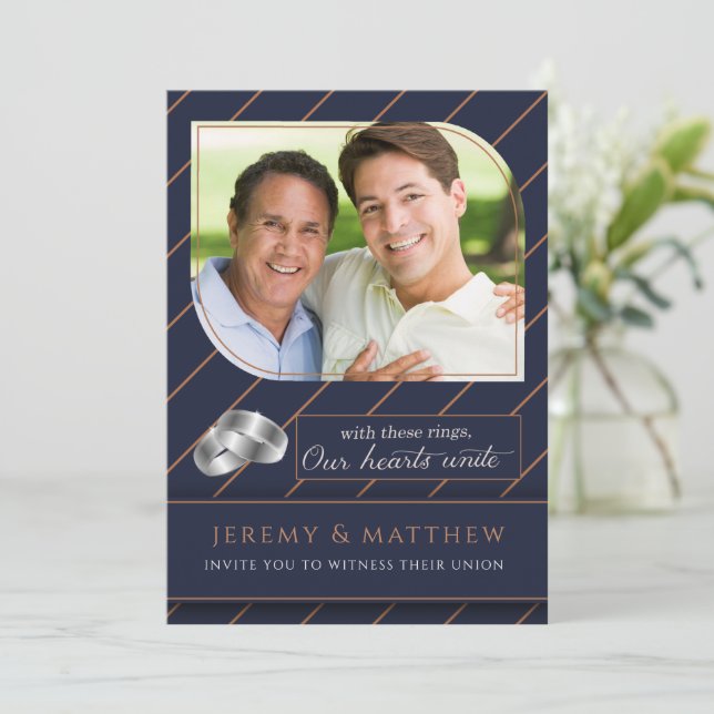 Convites Casamento de Foto Pinstripe Azul gay e Lésbica (Em pé/Frente)