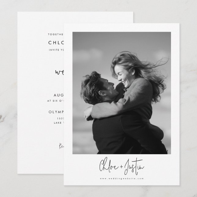 Convites Casamento de Foto Polaroid com Letra Moderna e Ele (Frente/Verso)