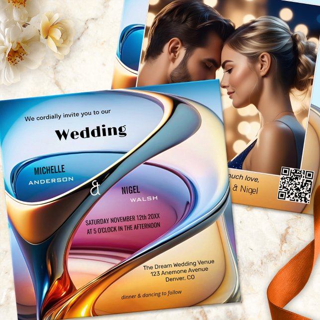 Convites Casamento de Foto por Abstrato Moderno (Modern art photo wedding invitation featuring a colorful flow abstract design - with QR code)