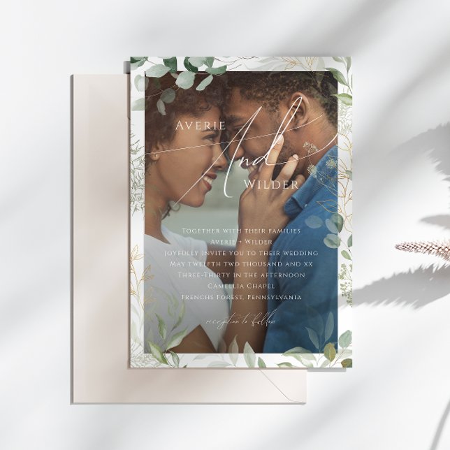 Convites Casamento de Foto por Frame Dourado de Wreath Gree (Criador carregado)