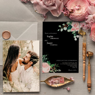 Convites Casamento de Foto Preta Blush Floral