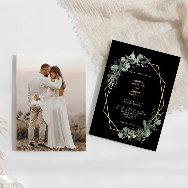 Convites Casamento de Foto Preto Simples com Quadro Dourado (Criador carregado)