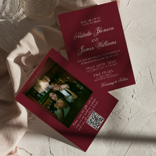 Convites Casamento de Foto QR Code Clássico Burgundy Old Mo