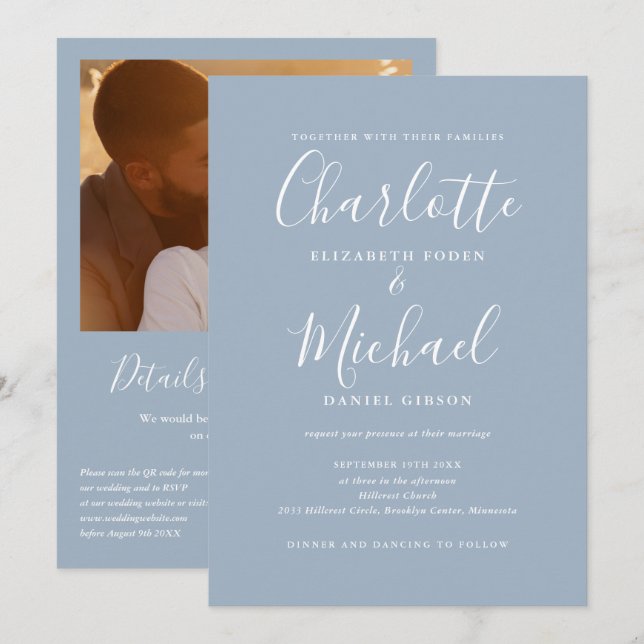 Convites Casamento de Foto QR Code em Script Elegante Azul  (Frente/Verso)