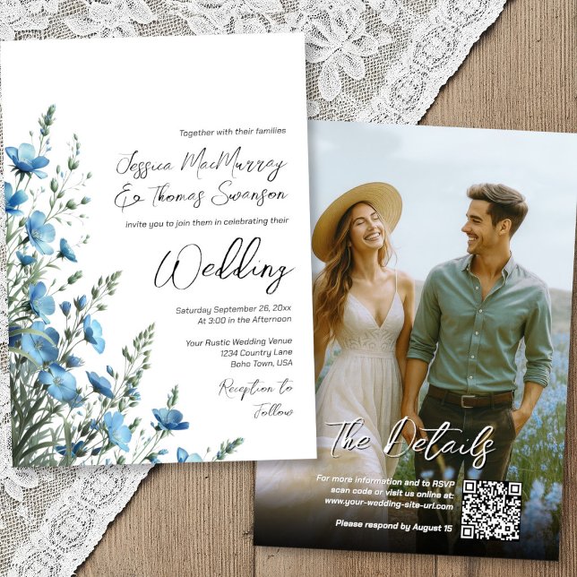 Convites Casamento de Foto QR de Flores Silvestres Boho em  (Front/Back)