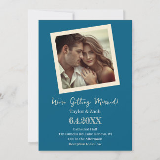 Convites Casamento de Foto Retro Azul e Creme Vintage