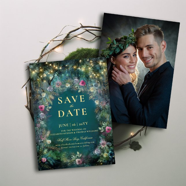 Convites Casamento de Foto Rosa da Floresta Encantada Salve (enchanted forest photo wedding save the date magical fairy tale woodland roses gold emerald green)
