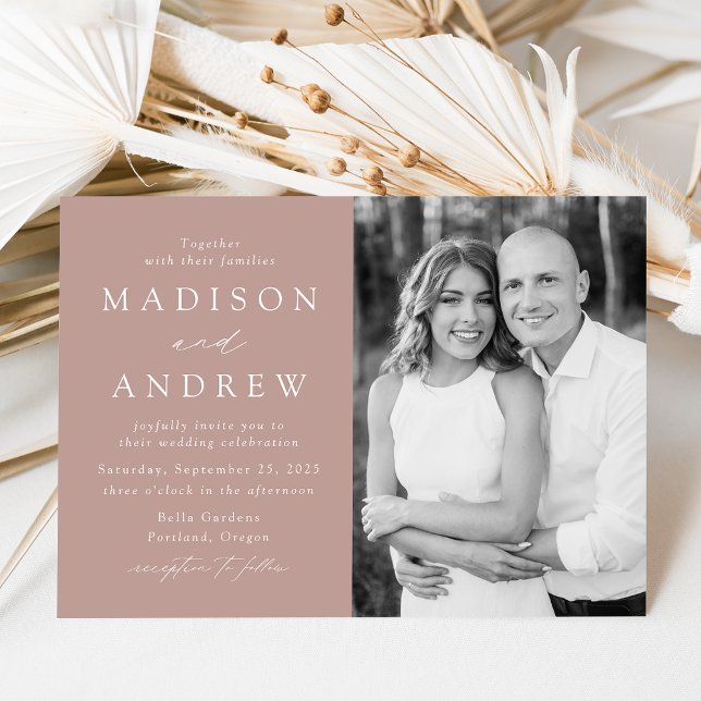 Convites Casamento de Foto Rosa Empoeirada Elegante Moderno (Criador carregado)