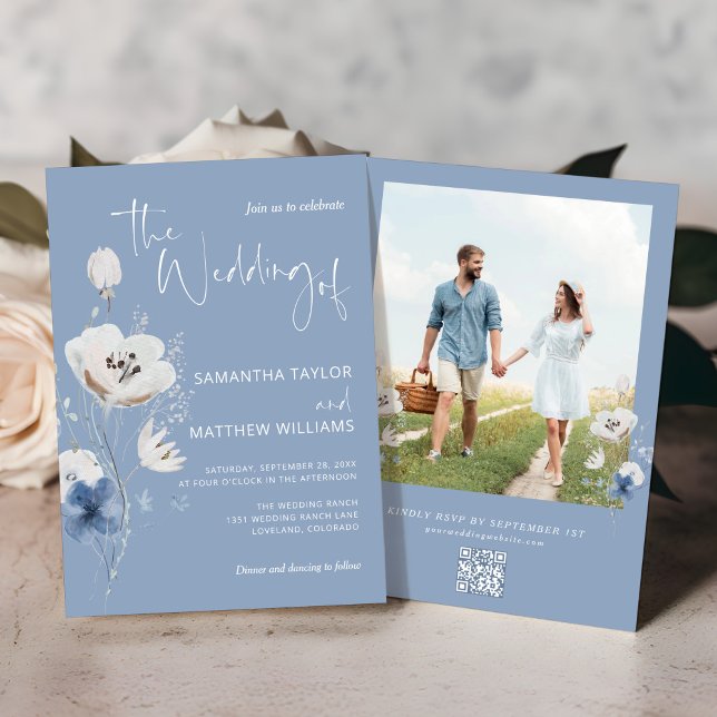 Convites Casamento de Foto RSVP de Código QR Floral Dusty B (Criador carregado)